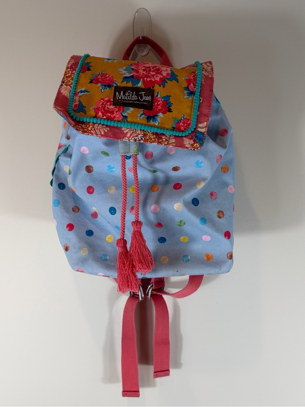 Matilda Jane Light Blue Polka Dot Backpack with Yellow Floral Flap